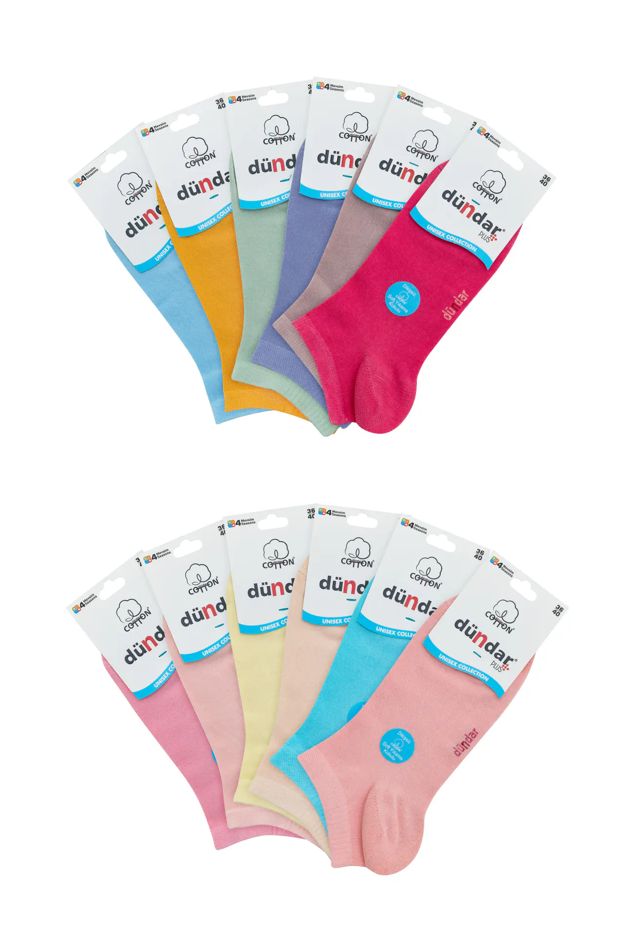 Dündar Çorap 4 Mevsim 12'li Kadın Pamuklu Soket (Patik) 36-40 — Açık Renk Asorti