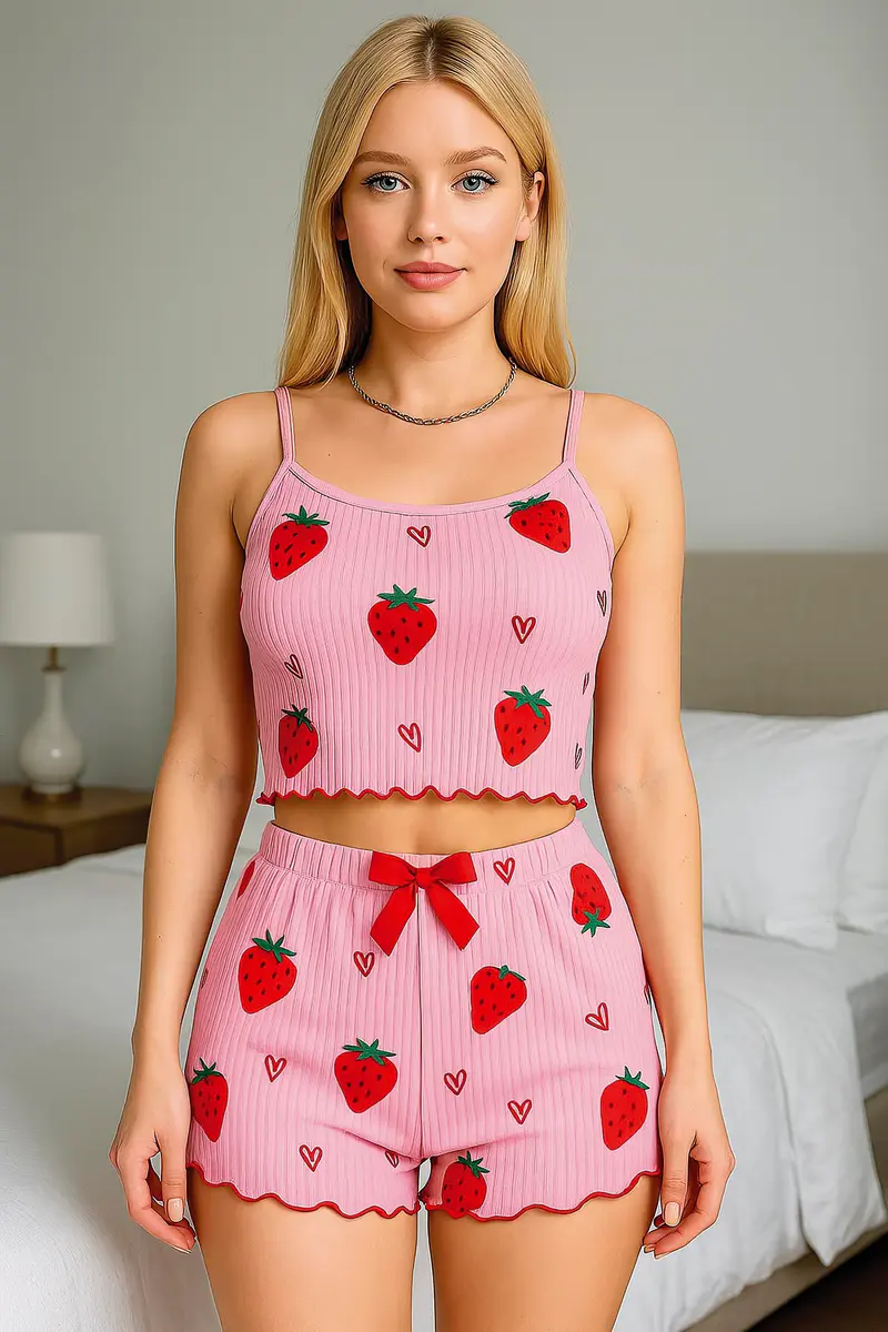 NightLight Kadın Çilek Desenli Şortlu Pijama Takımı