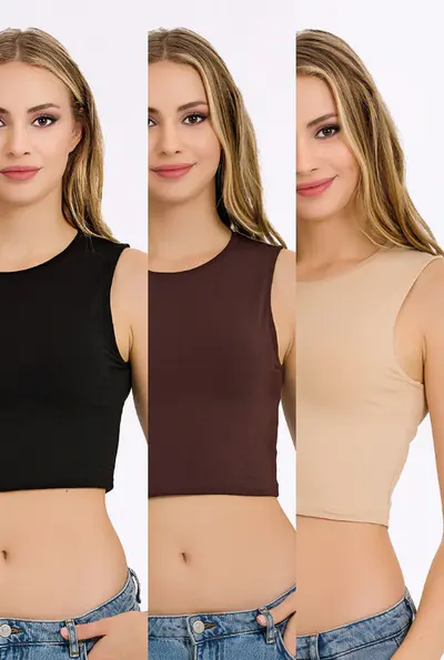 İlke Elastan Kolsuz Crop Siyah/Kahve/Bej 3'lü Paket