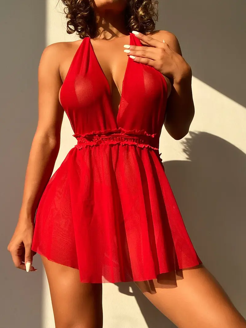 NightLight Night Light Boyundan Askılı Kırmızı Gecelik