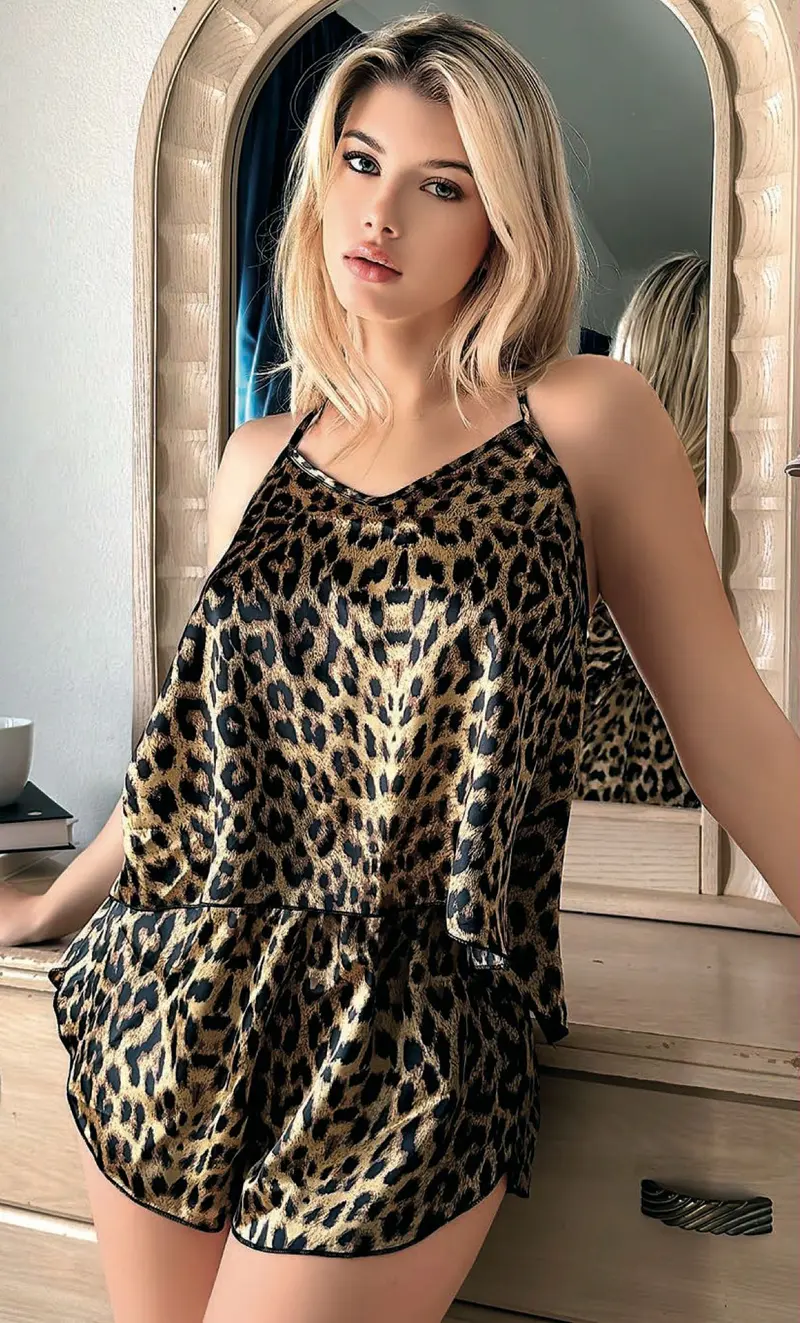 Leopar Desenli Çapraz Askılı Saten Şortlu Takım